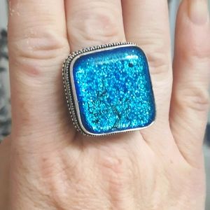 New Huge Dichoric Glass 925 Silver Ring.